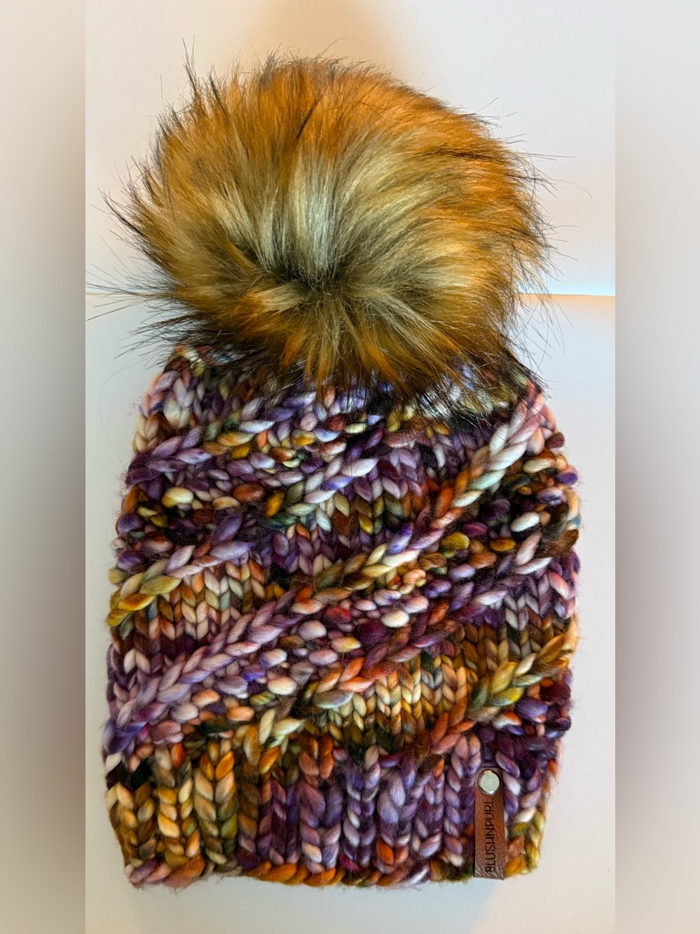 Chunky Multicolor Knit Beanie with Faux Fur Pom - Purple, Orange & Brown